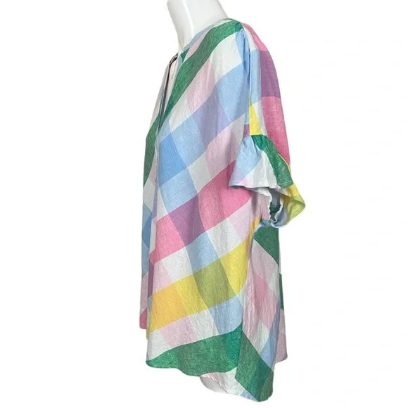 Crown & Ivy Belk Dolman Sleeve Split Neck Linen Blend Plaid Top XL NWT - Picture 3 of 7